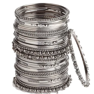 Zeneme Jewellery Traditional Silver Plated Oxidized Bracelet Bangles Set